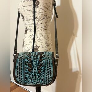 Savini Brown and Turquoise Tooled Leather Saddle Crossbody Bag by Patricia Nash